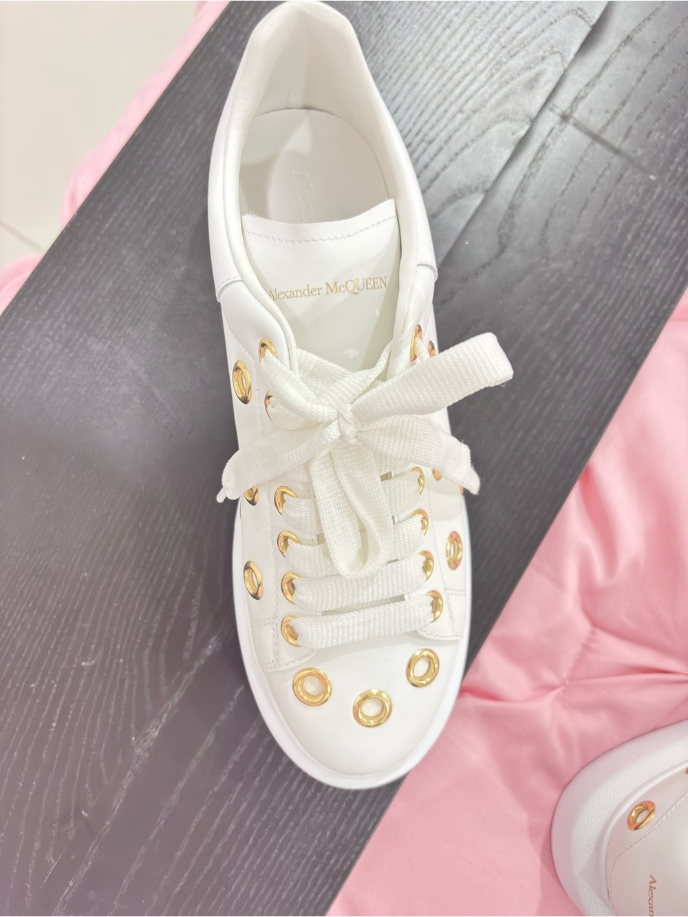 Alexander McQueen White Leather Sneakers with Gold Eyelet Accents